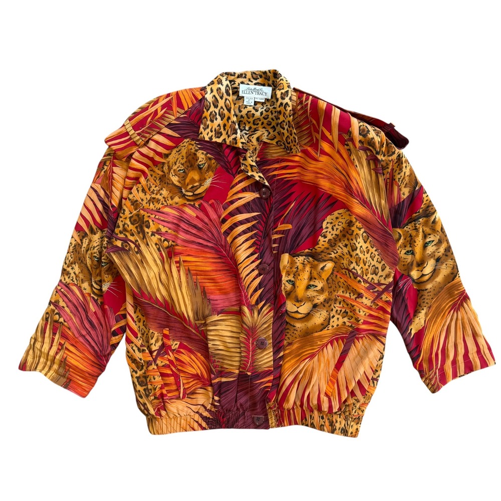 Ellen Tracy Reversible Silk Bomber Jacket Leopard Tropical Print Petite Vintage